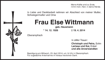 Traueranzeige von Else Wittmann von Dinkelsbühl/ Feuchtwangen