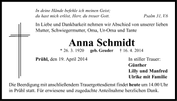 Traueranzeige von Anna Schmidt von Neustadt/ Scheinfeld/ Uffenheim