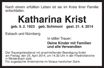 Traueranzeige von Katharina Krist von Ansbach