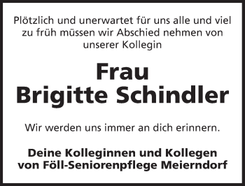 Traueranzeige von Brigitte Schindler von Dinkelsbühl/ Feuchtwangen