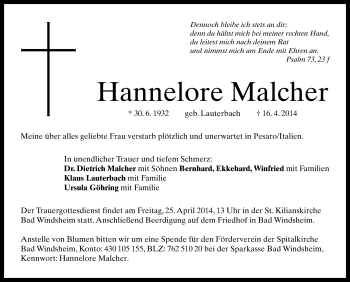 Traueranzeige von Hannelore Malcher von Neustadt/ Scheinfeld/ Uffenheim