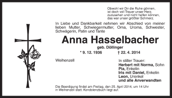 Traueranzeige von Anna Hasselbacher von Ansbach