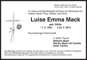 Traueranzeige von Luise Emma Mack von Dinkelsbühl/ Feuchtwangen