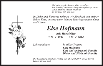 Traueranzeige von Else Hofmann von Dinkelsbühl/ Feuchtwangen