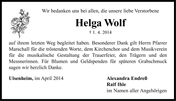 Traueranzeige von Helga Wolf von Neustadt/ Scheinfeld/ Uffenheim