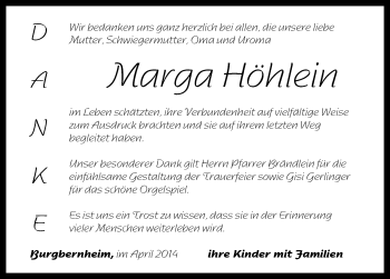 Traueranzeige von Marga Höhlein von Neustadt/ Scheinfeld/ Uffenheim