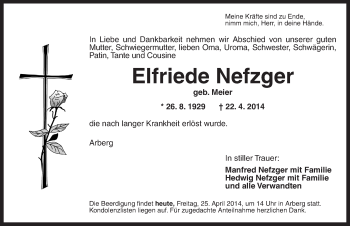 Traueranzeige von Elfriede Nefzger von Dinkelsbühl/ Feuchtwangen