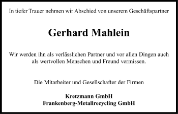 Traueranzeige von Gerhard Mahlein von Neustadt/ Scheinfeld/ Uffenheim