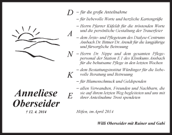 Traueranzeige von Anneliese Oberseider von Ansbach