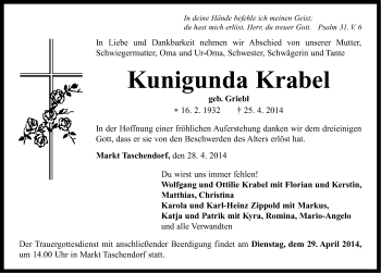 Traueranzeige von Kunigunda Krabel von Neustadt/ Scheinfeld/ Uffenheim