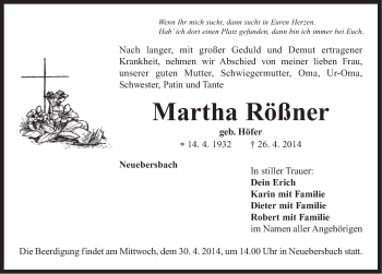 Traueranzeige von Martha Rößner von Neustadt/ Scheinfeld/ Uffenheim