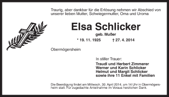 Traueranzeige von Elsa Schlicker von Dinkelsbühl/ Feuchtwangen