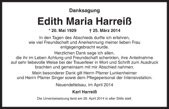 Traueranzeige von Edith Maria Harreiß von Ansbach