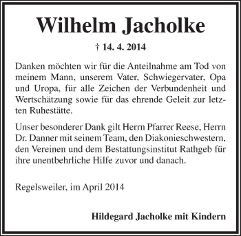 Traueranzeige von Wilhelm Jacholke von Dinkelsbühl/ Feuchtwangen