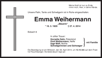 Traueranzeige von Emma Weihermann von Dinkelsbühl/ Feuchtwangen