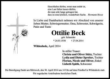 Traueranzeige von Ottilie Beck von Dinkelsbühl/ Feuchtwangen