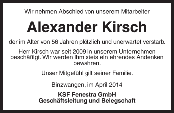 Traueranzeige von Alexander Kirsch von Ansbach