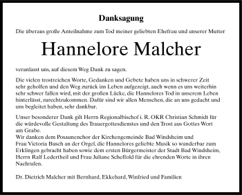 Traueranzeige von Hannelore Malcher von Neustadt/ Scheinfeld/ Uffenheim