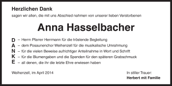 Traueranzeige von Anna Hasselbacher von Ansbach