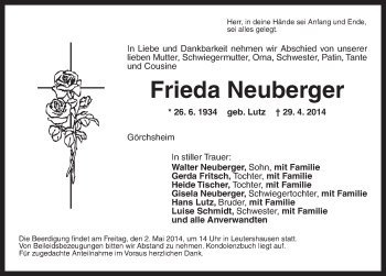 Traueranzeige von Frieda Neuberger von Dinkelsbühl/ Feuchtwangen