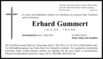 Traueranzeige von Erhard Gummert von Neustadt/ Scheinfeld/ Uffenheim