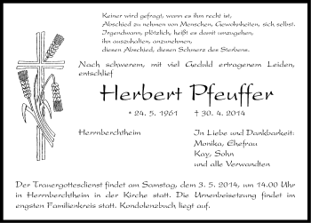 Traueranzeige von Herbert Pfeuffer von Neustadt/ Scheinfeld/ Uffenheim