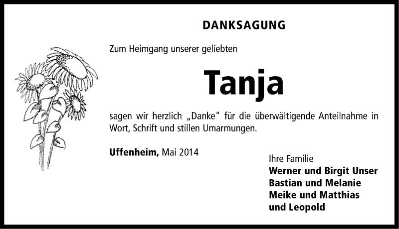  Traueranzeige für Tanja Unser vom 03.05.2014 aus Neustadt/ Scheinfeld/ Uffenheim