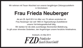 Traueranzeige von Frieda Neuberger von Ansbach