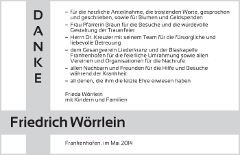 Traueranzeige von Friedrich Wörrlein von Dinkelsbühl/ Feuchtwangen