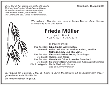 Traueranzeige von Frieda Müller von Dinkelsbühl/ Feuchtwangen