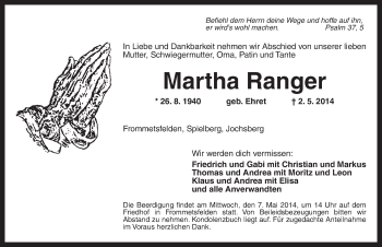 Traueranzeige von Martha Ranger von Ansbach