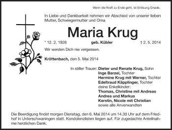 Traueranzeige von Maria Krug von Dinkelsbühl/ Feuchtwangen