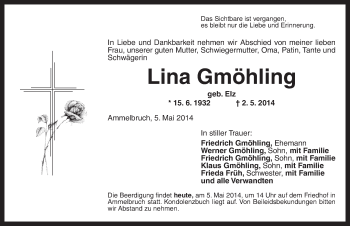 Traueranzeige von Lina Gmöhling von Dinkelsbühl/ Feuchtwangen