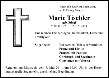 Traueranzeige von Marie Tischler von Neustadt/ Scheinfeld/ Uffenheim