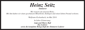 Traueranzeige von Heinz Seitz von Ansbach