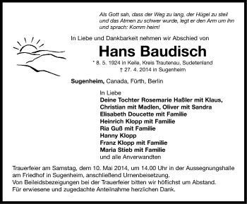 Traueranzeige von Hans Baudisch von Neustadt/ Scheinfeld/ Uffenheim