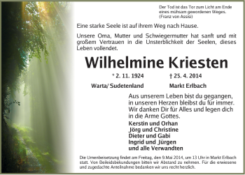 Traueranzeige von Wilhelmine Kriesten von Neustadt/ Scheinfeld/ Uffenheim
