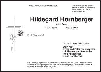 Traueranzeige von Hildegard Hornberger von Dinkelsbühl/ Feuchtwangen