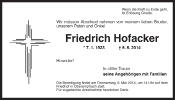 Traueranzeige von Friedrich Hofacker von Dinkelsbühl/ Feuchtwangen