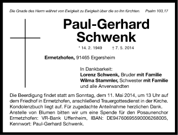 Traueranzeige von Paul-Gerhard Schwenk von Neustadt/ Scheinfeld/ Uffenheim