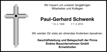 Traueranzeige von Paul-Gerhard Schwenk von Neustadt/ Scheinfeld/ Uffenheim