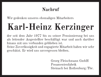 Traueranzeige von Karl-Heinz Kerzinger von Ansbach