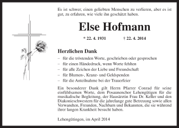 Traueranzeige von Else Hofmann von Dinkelsbühl/ Feuchtwangen