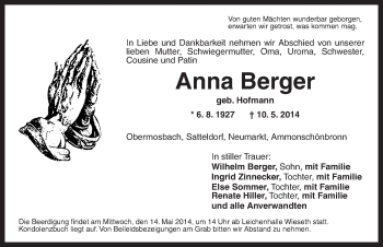 Traueranzeige von Anna Berger von Dinkelsbühl/ Feuchtwangen