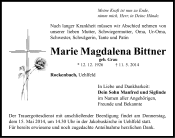 Traueranzeige von Marie Magdalena Bittner von Neustadt/ Scheinfeld/ Uffenheim