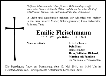 Traueranzeige von Emilie Fleischmann von Neustadt/ Scheinfeld/ Uffenheim