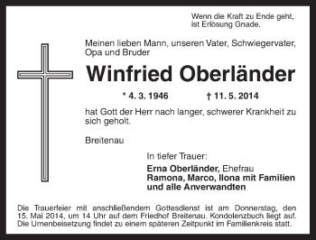 Traueranzeige von Winfried Oberländer von Dinkelsbühl/ Feuchtwangen