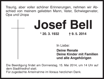 Traueranzeige von Josef Bell von Ansbach