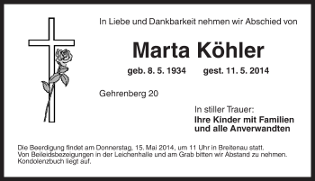 Traueranzeige von Marta Köhler von Dinkelsbühl/ Feuchtwangen