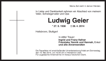 Traueranzeigen von Ludwig Geier | trauer.flz.de